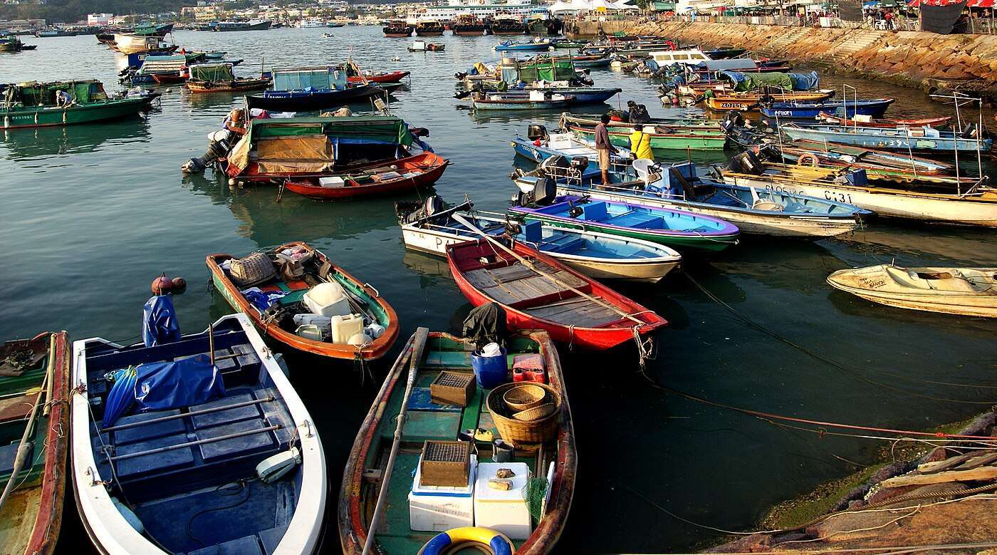 Sampans and fishing boats packed in Cheung Chau's harbour with the village rising behind